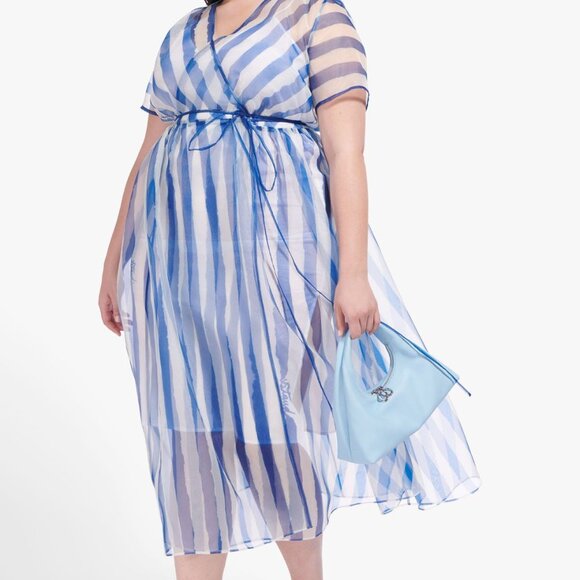 STAUD Flippa Blue & White Stripe Organza Wrap Midi Dress NWT - Picture 2 of 15